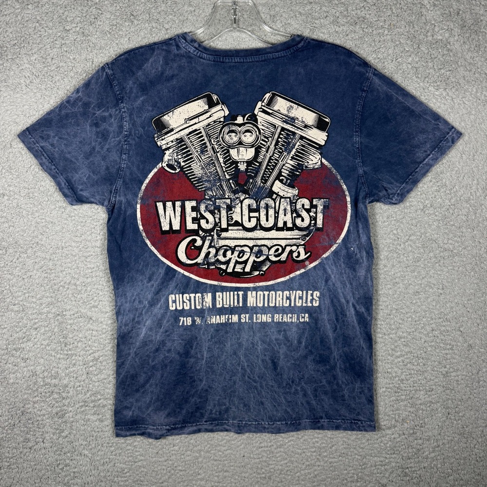 West Coast Choppers Mens Blue Acid Wash Graphic T-Shirt Small Long Beach CA